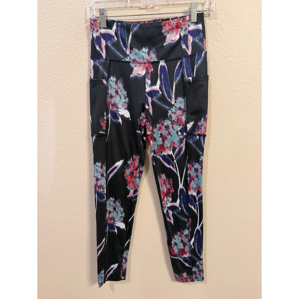 Athletic Works Womens High Waisted Floral Pocket Leggings‎ Black Pink Blue M